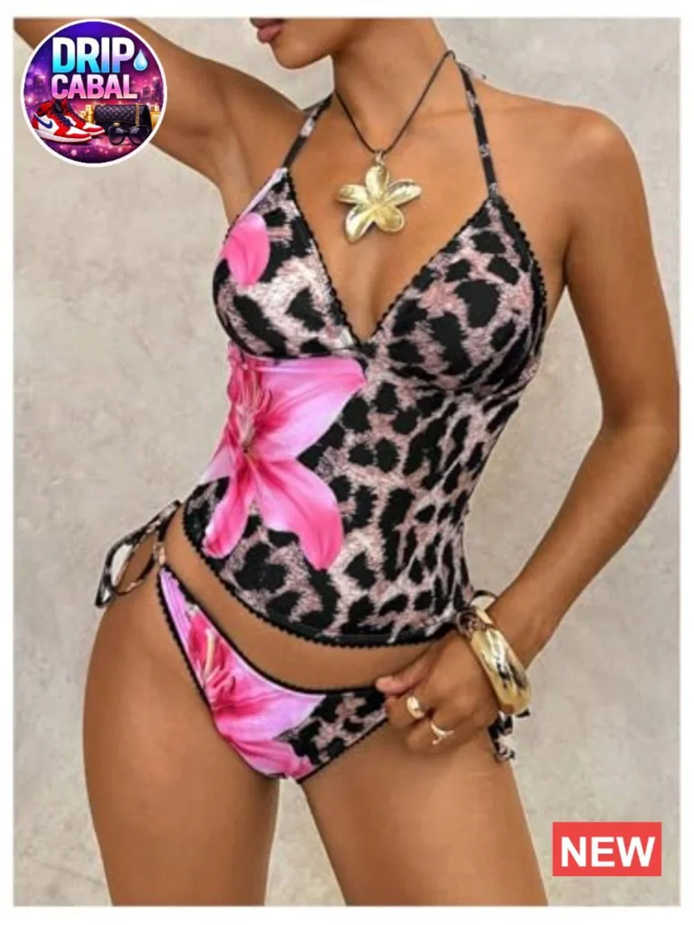 Women's 2 Piece Leopard Floral Tankini Set Halter Tie Side String Bathing Suits